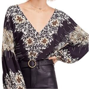 EUC FREE PEOPLE Birds of a Feather Balloon Sleeve Printed Blouse Top Size M